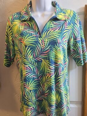 Lands' End Short Sleeve Polo with Blue, Yellow & Green Leaf Print
